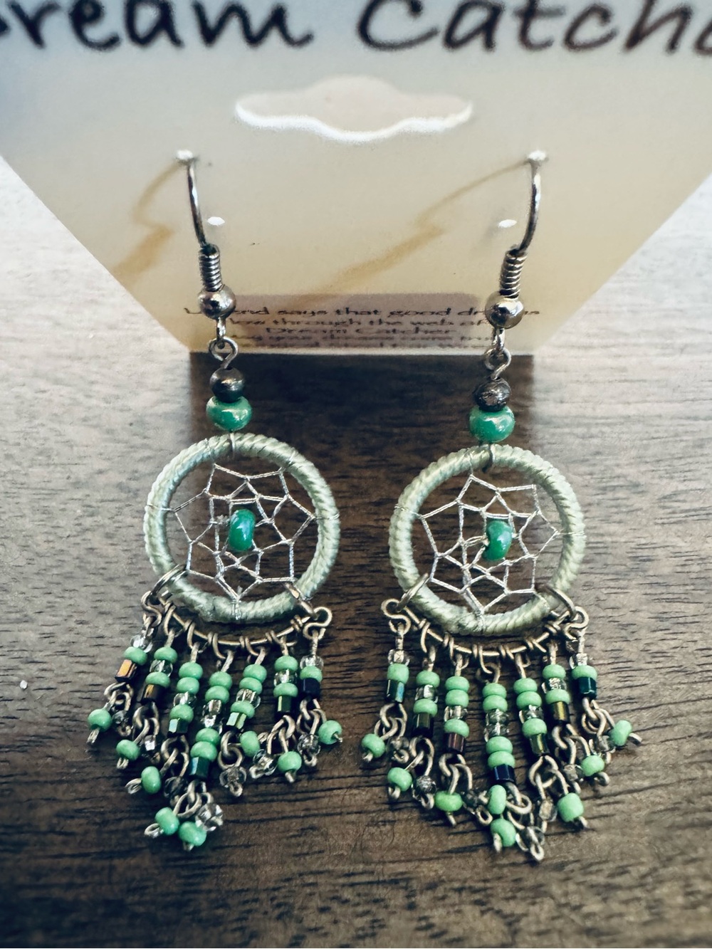Dream Catcher Green Beaded Silver Earrings